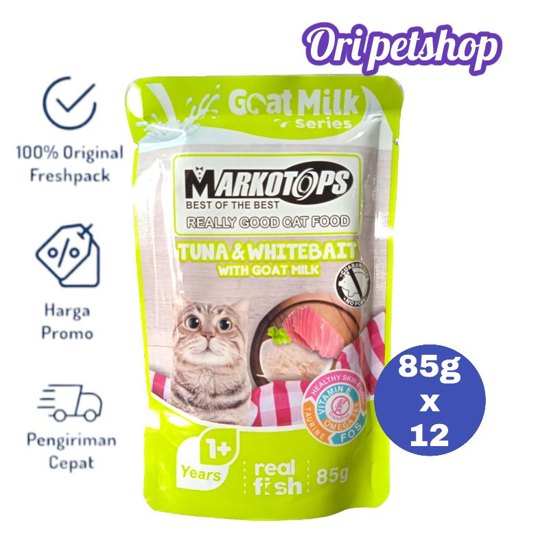 (12 pouch) Markotops Pouch Sachet 85gr Wet Cat Food - Tuna Withebait