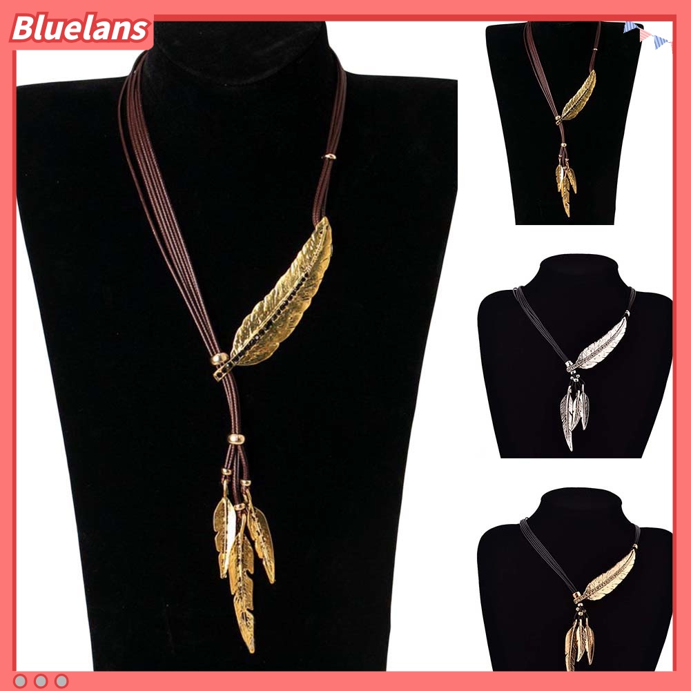 Bluelans Kalung Tali Kulit Imitasi Liontin Bulu Aksen Berlian Imitasi Gaya Bohemian Untuk Wanita