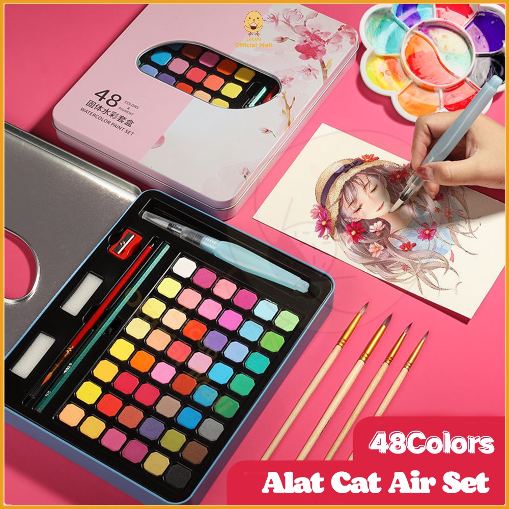 Lacoo 48 Alat cat air set Deli solid watercolor paint Spidol warna(Termasuk Kuas dan Kertas Gambaran) Cat Akrilik