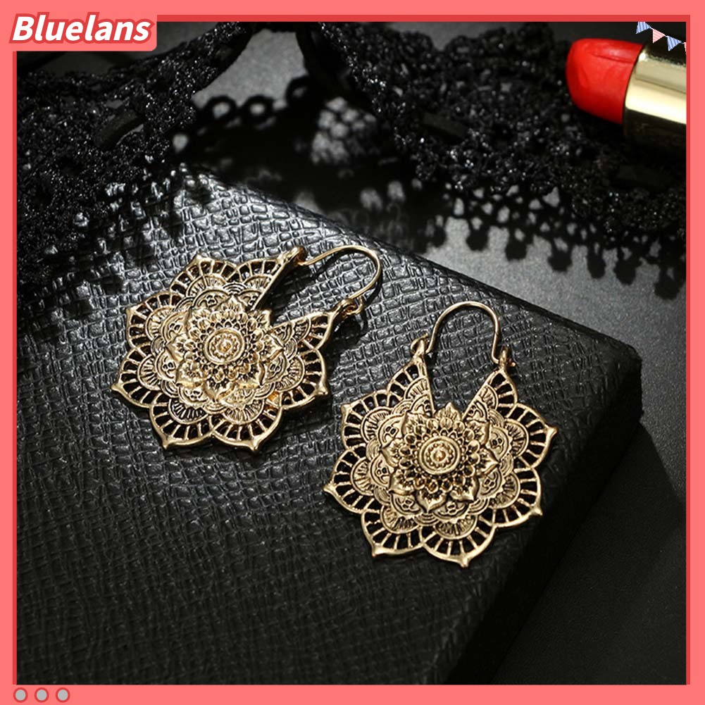 Bluelans Bohemian Women Hollow Flower Honeycomb Filigree Hoop Earrings Retro Jewelry Gift