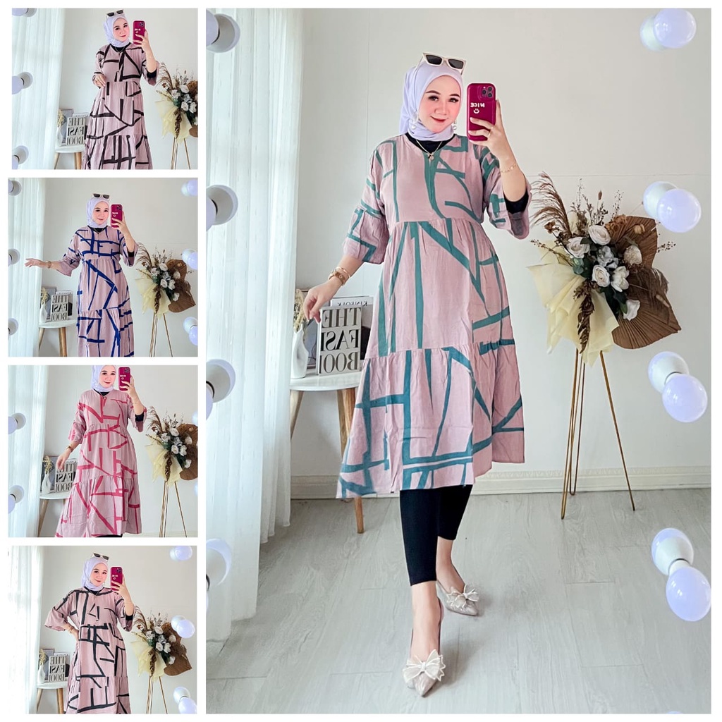 NAUREEN Midi Dress Motif Garis Terbaru Kekinian Bumil/Busui Sleting Depan