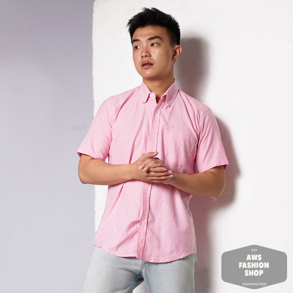 819 Kemeja Pria Lengan Pendek Polos Baby PINK Oxford Basic SIMPLE Slimfit Casual Tersedia Ready Sampai Size JUMBO BIG SIZE XXL XXXL