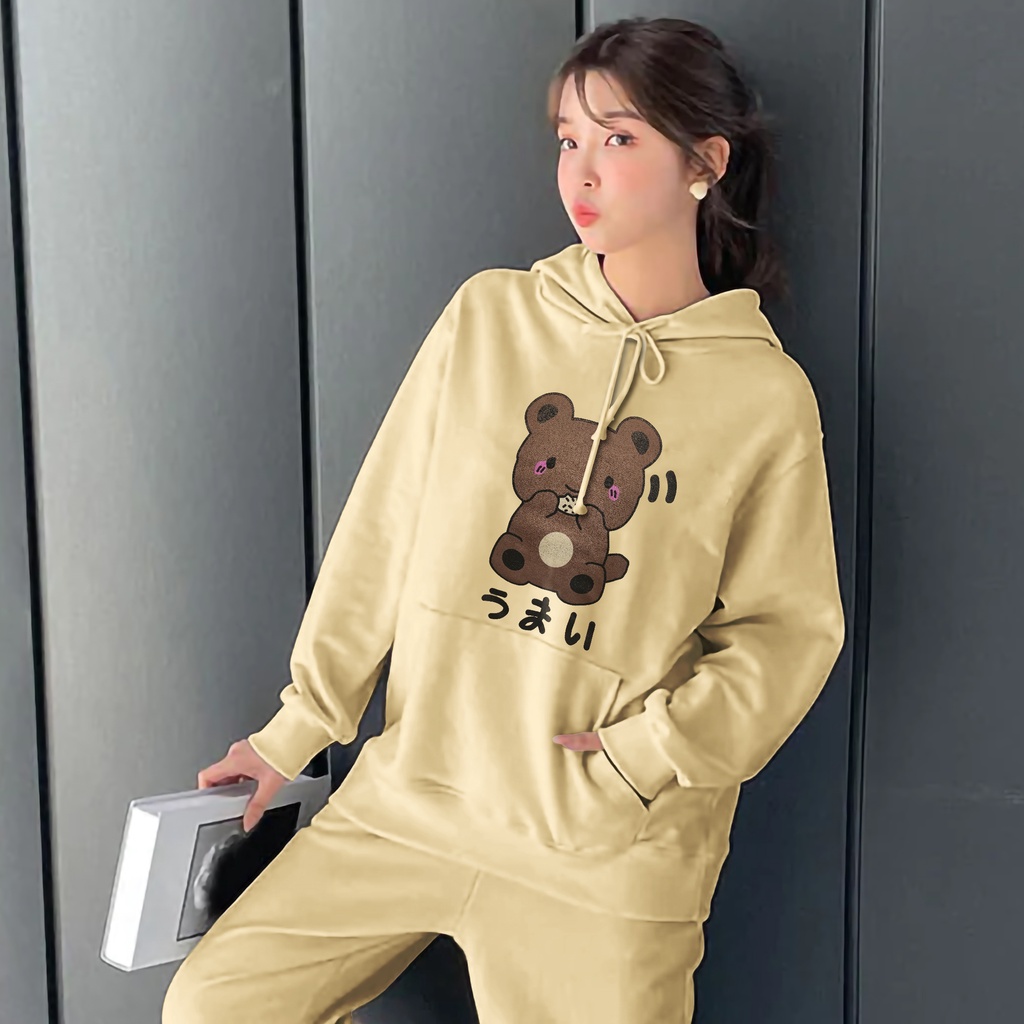 Hoodie Sweater Yummy Bear Oversize - Bahan Fleece - Size XXL - Baju Wanita Pria / Cowok Cewek - Terlaris