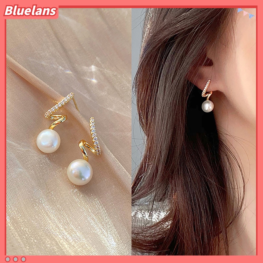 Bluelans 1 Pasang Anting Stud Hias Mutiara Berlian Imitasi Gaya Korea Untuk Hadiah