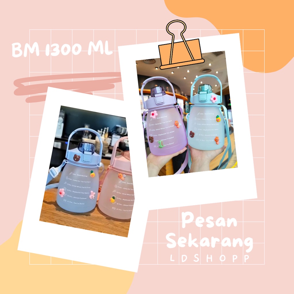 LDS Botol Minum Viral 1300 ml Botol Minum Gendut Sticker 2D dan 3D Botol Minum Motivasi Gradasi Botol Penanda Waktu