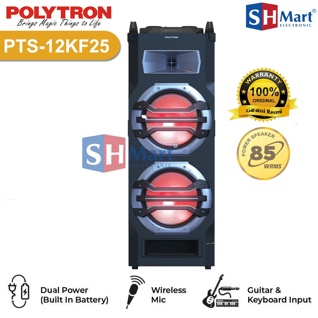POLYTRON TROLLEY SPEAKER AKTIF PTS12KF25 / PTS12KF25 / 12KF25 BLUETOOTH + 2 PCS MIC WIRELESS WITH RADIO