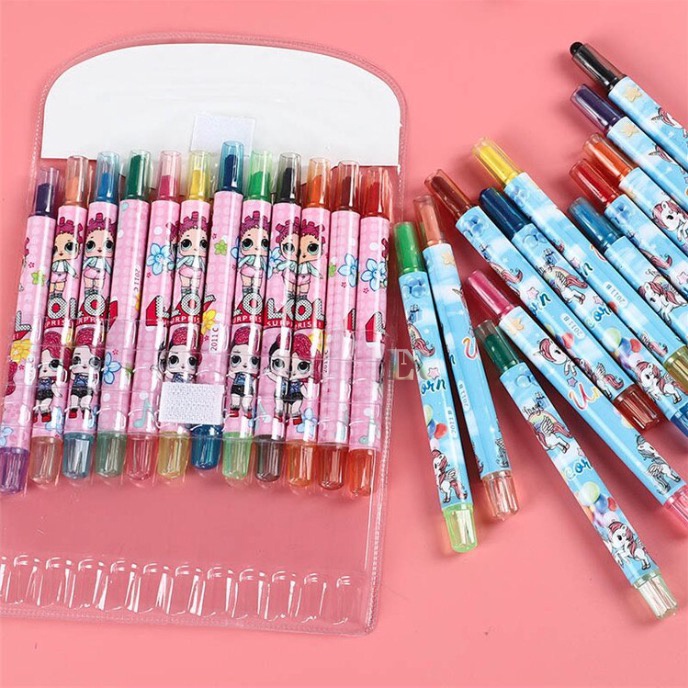 LNR Shop 12Pcs Rolling Crayon Pensil Warna Putar Multi Colors Painting Drawing Sophia The First Elsa Ana Frozen Cars 95 Hello Kitty LOL Unicorn Spider Man Doraemon Alat Tulis Menggambar Krayon