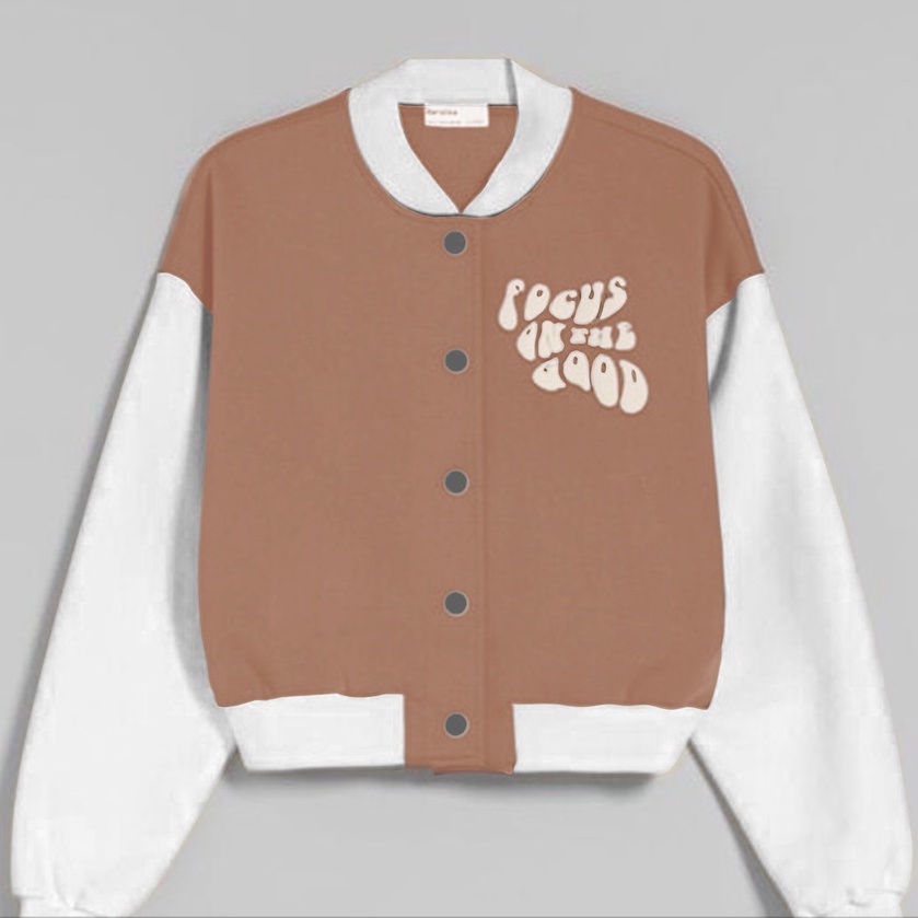 Jaket Baseball Crop Wanita - Focus On The Good - Sweater Baseball - Sablon - Bahan Fleece - Allsize