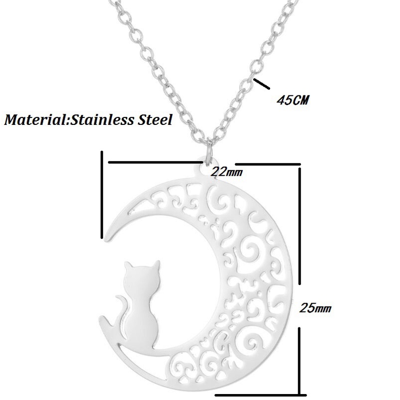 Kalung Rantai Bahan stainless steel Desain Kucing Bulan Sabit origami hollow Gaya Jepang Korea Untuk Wanita