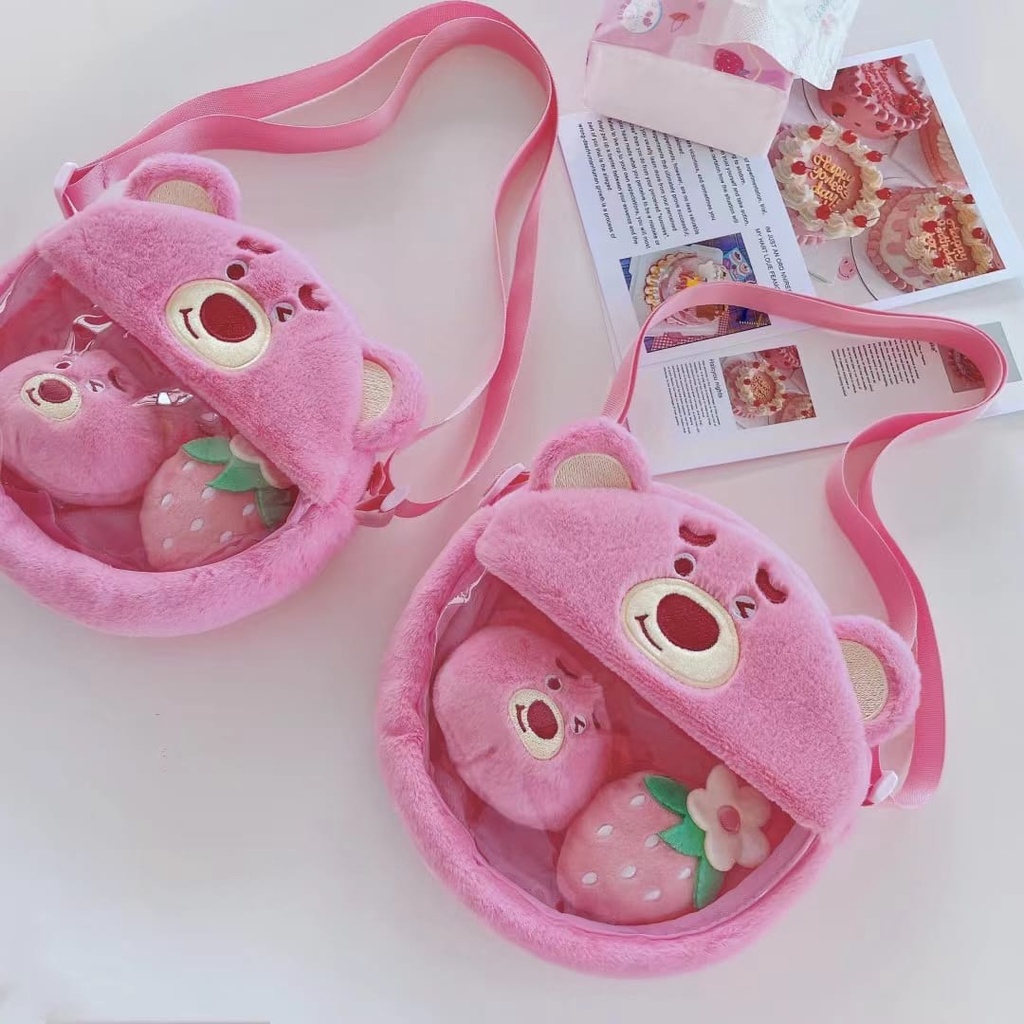 Tas Selempang Lotso Transparan Bonus Gantungan Tas Aroma Strawberry Bahan Plush