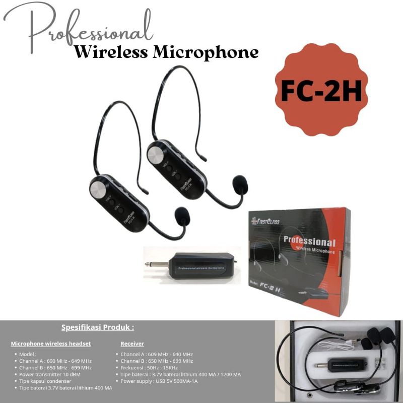 Mic wireless Firstclass FC-2H. 2 mic wireless headset/bando.