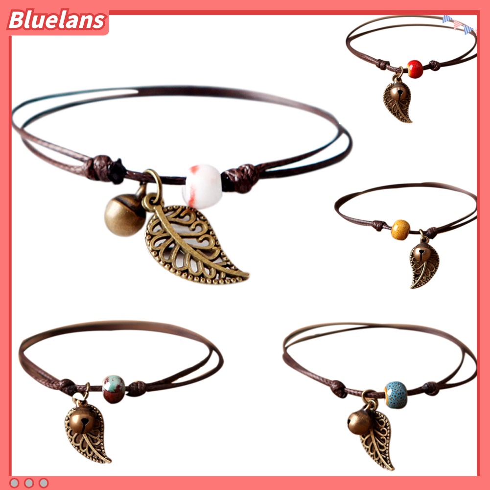 Bluelans Gelang Tali Rantai Manik-Manik Keramik Dengan Liontin Daun Gaya Vintage Untuk Pasangan