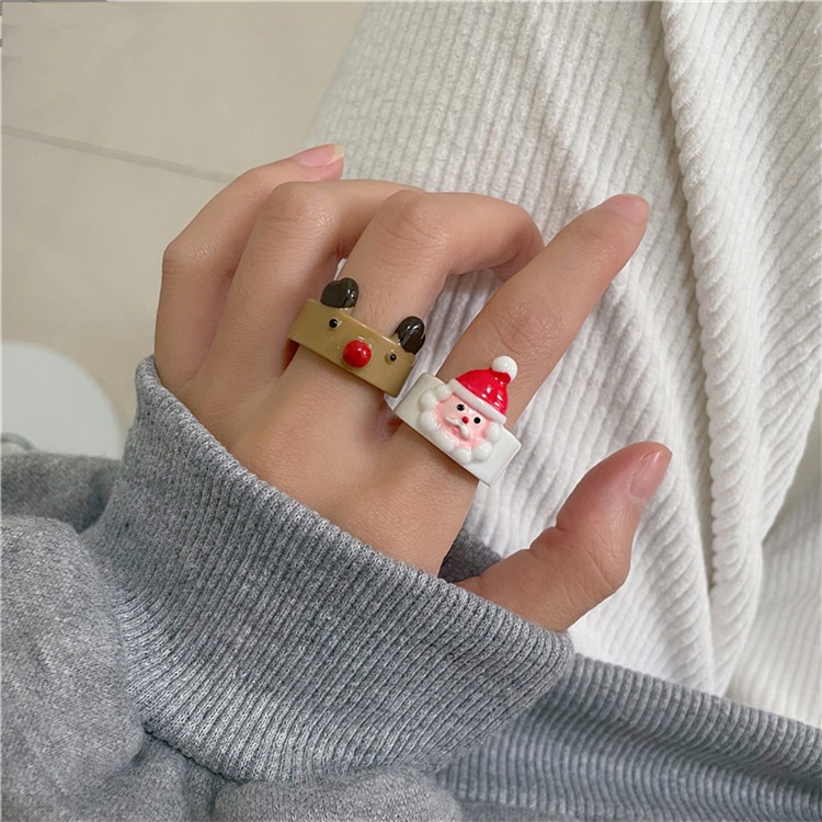 Cincin Desain Kartun Hewan Rusa Santa Claus Pohon Natal Bahan Resin Akrilik Untuk Wanita