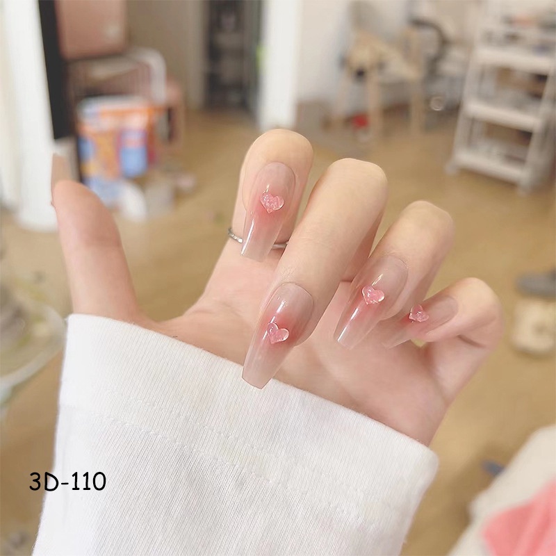 24 Pcs Kuku Palsu Panjang Desain Hati Mutiara Gradien Bahan Akrilik Gaya Perancis Untuk Nail Art