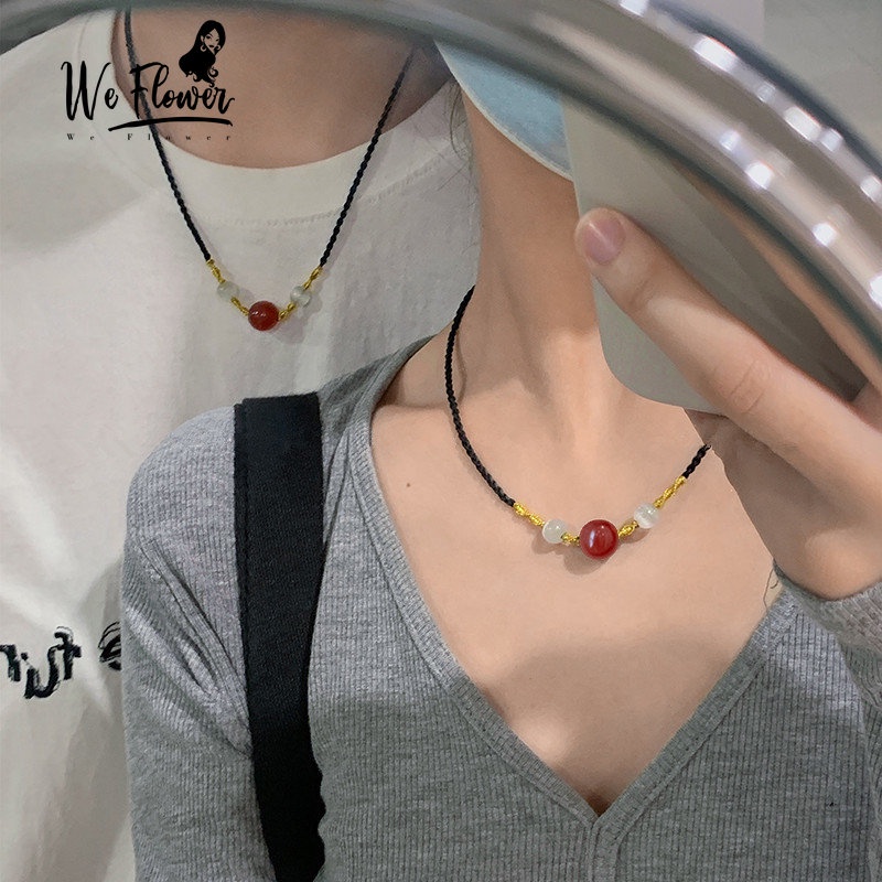 We Flower Kalung / Gelang Handmade Dengan Liontin Batu Akik Merah / Emas Untuk Pasangan