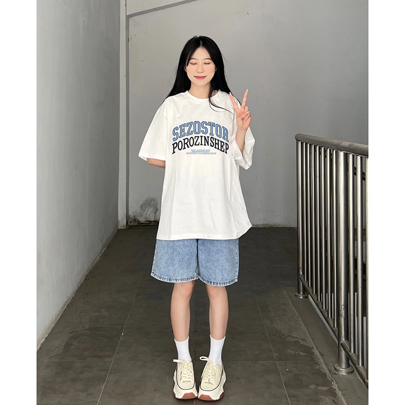 EUNII T-shirt Lengan Pendek Design sense English Korean Style/Kaos Atasan Wanita/Baju Kaus Oversize Wanita