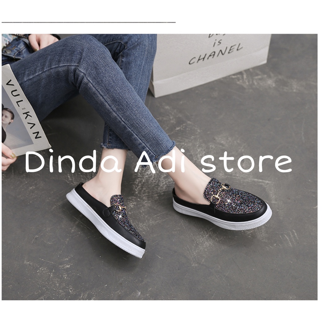 Dinda sepatu wanita slip on Glitter hanabi kekinian 2022 model terbaru warna hitam dan pink ukuran 37-40