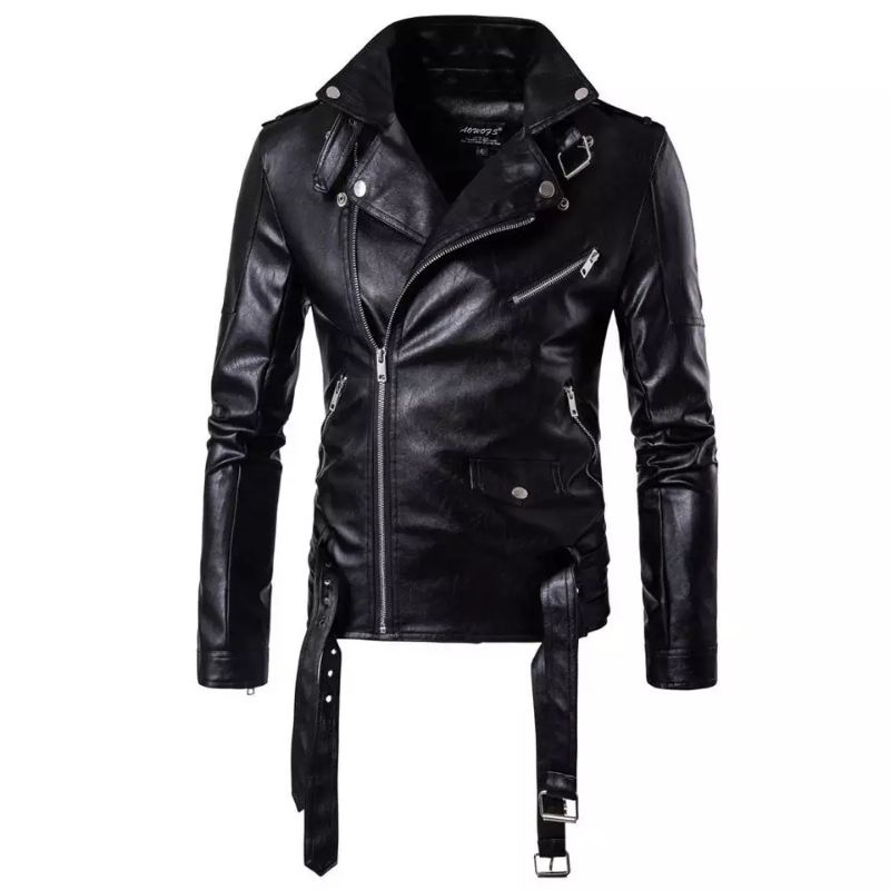Jaket Kulit Jaket Sintetis Pria Jaket Ramones Rock N Roll Jaket Bikers Sabuk Dobel Unisex