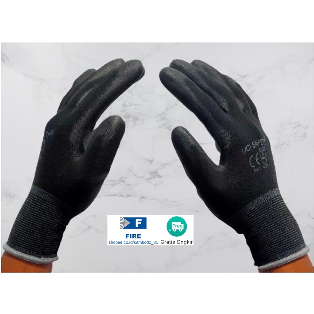 Sarung Tangan Hitam Black Hand Gloves Mekanik Montir Berkebun Tukang Telapak Tangan dilapisi karet Bahan Nylon Polyester Elektronik Assembly Static Multi Purpose Polyurethane Kerja Palmfit Safety Gloves Security Dilapisi Karet