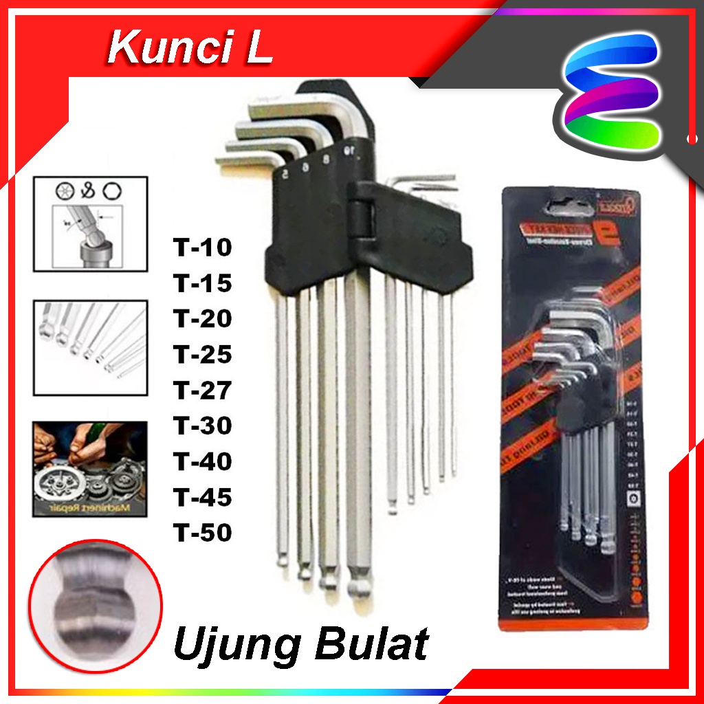 Kunci L Panjang Set 9 PCS Ujung Bulat Hex Key Wrench Huidi Tools