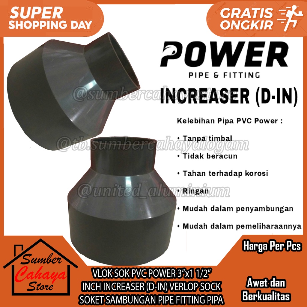 FLOKSOK FLOKSOCK VLOKSOCK VLOK SOK PVC POWER 3”x1 1/2” INCH INCREASER (D-IN) VERLOP SOCK SOKET SAMBU