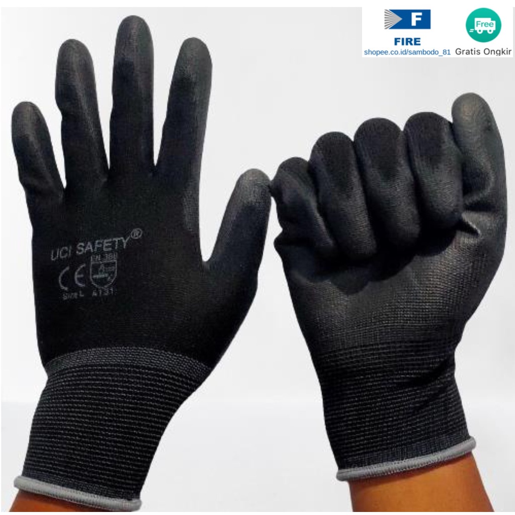 Sarung Tangan Satpam Anti Slip Hitam Black Hand Gloves Mekanik Montir Berkebun Tukang Telapak Tangan dilapisi karet Bahan Nylon Polyester Elektronik Assembly Static Multi Purpose Polyurethane Kerja Palmfit Safety Gloves