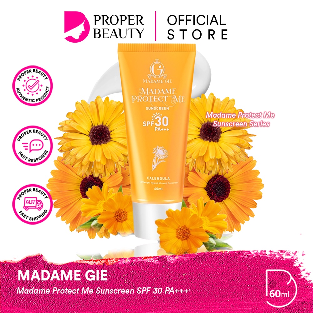 MADAME GIE Madame Protect Me Sunscreen SPF 30 PA+++ Indonesia / Sunblock Wajah 60ml / Lightweight Hybrid Mineral Sunscreen / Calendula Extract / Moisturizing Pelembab / Skincare Sun Care UV UVA UVB Protection Pelindung Sinar Matahari / Lets Glow Tinted 50