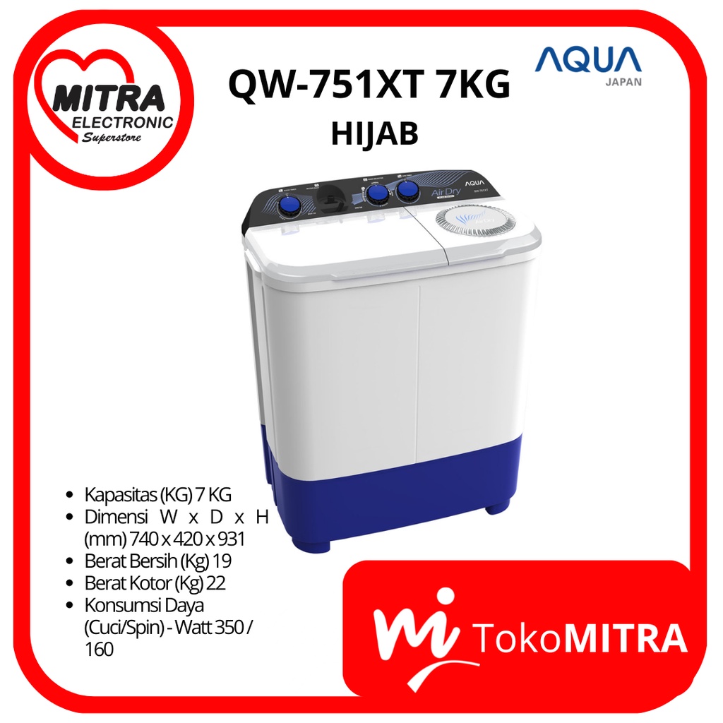 MESIN CUCI TWIN TUB  MANUAL AQUA QW-751XT HIJAB 7KG