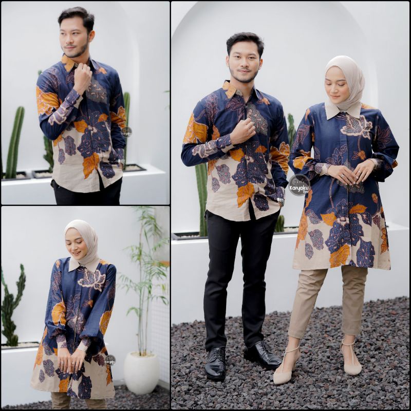 Batik Tunik Couple Modern Set Pakaian Couple Kemeja Batik Pria Lengan Panjang Baju Batik Couple