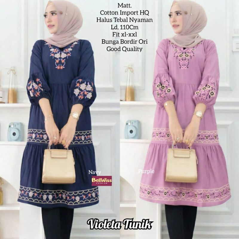 TKG - VIOLETA TUNIK Atasan Tunik Wanita Bahan Shakila Motif Bordir Kekinian bisa Cod by Mumu Fashion
