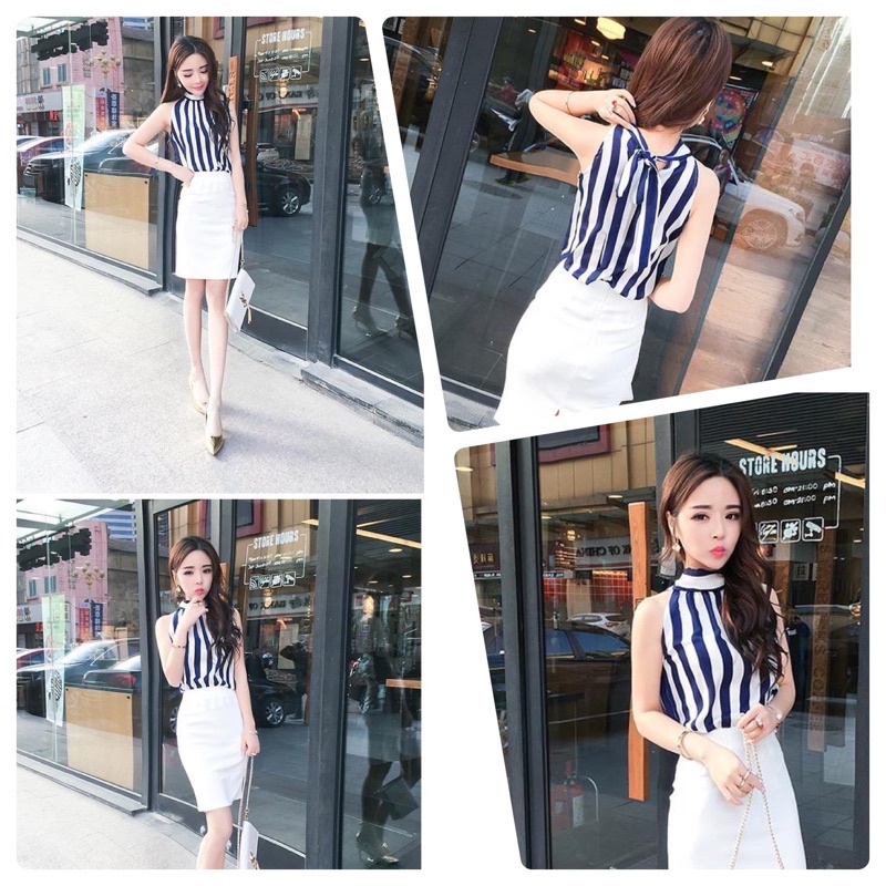 atasan halterneck salur navy / hneck salur navy / blouse atasan casual motif salur / blouse stripe