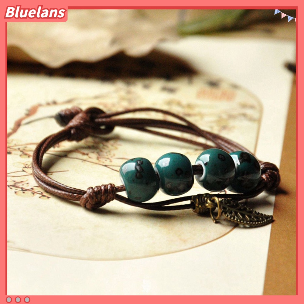 Bluelans Ethnic Leaf Cat Charm Ceramics Beaded Bracelet Women Handwoven Jewelry Gift