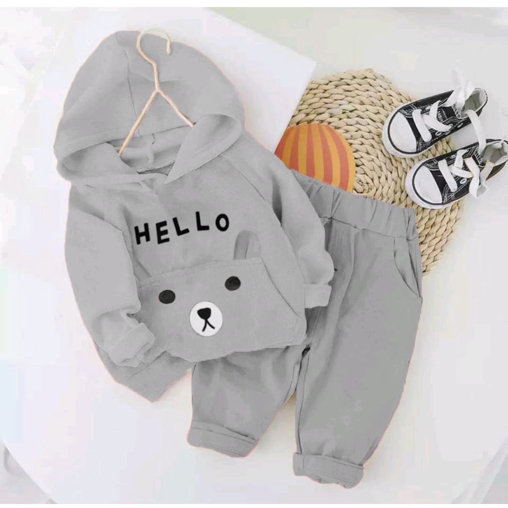 PROMO- SETELAN JAKET CARDINGAN HOODIE ANAK PEREMPUAN MOTIF HELLO UMUR 1-5 TAHUN SETELAN HOODIE MUSIM DINGIN ANAK LAKI LAKI