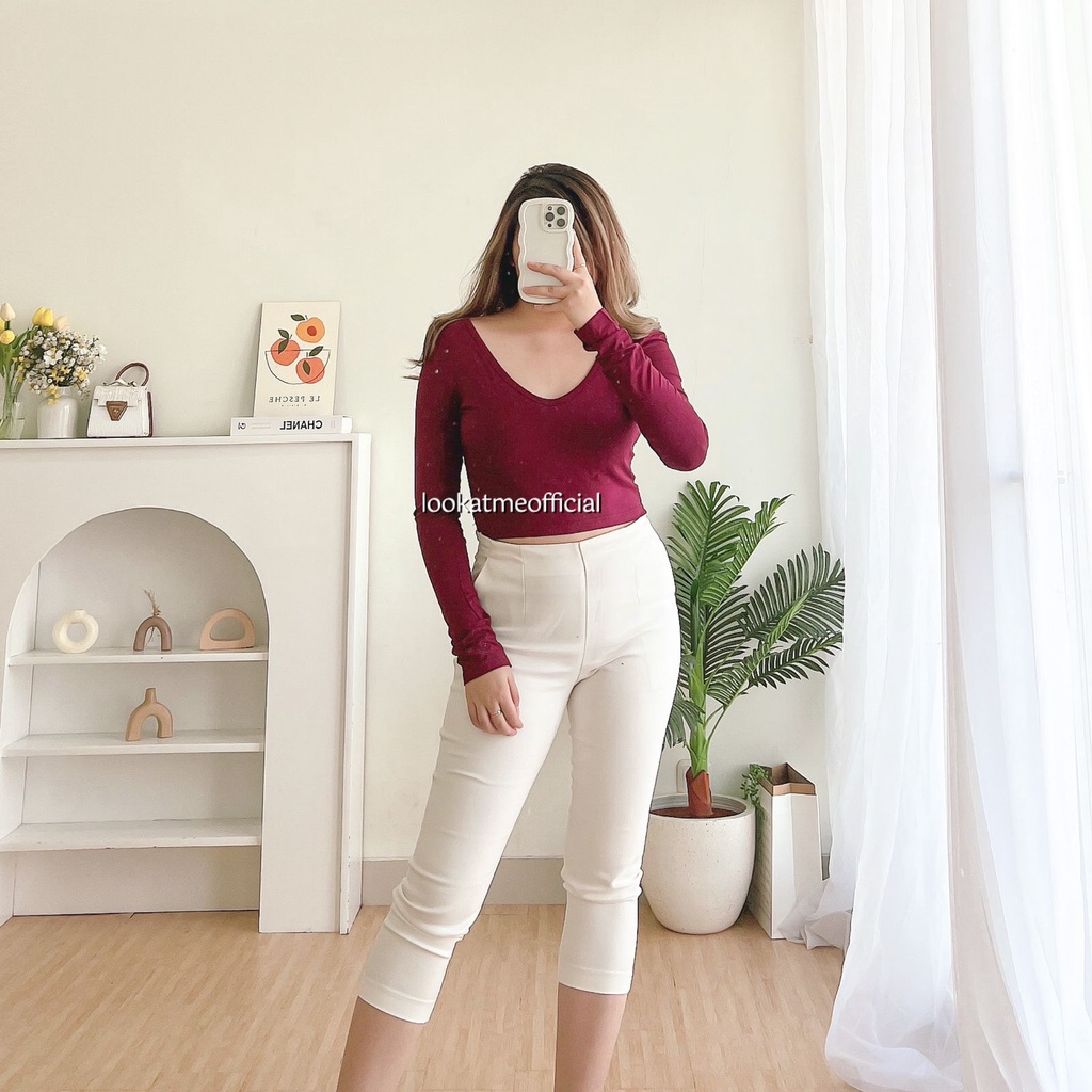 Mirabella Top - Atasan Basic Polos Lengan Panjang V neck 6473