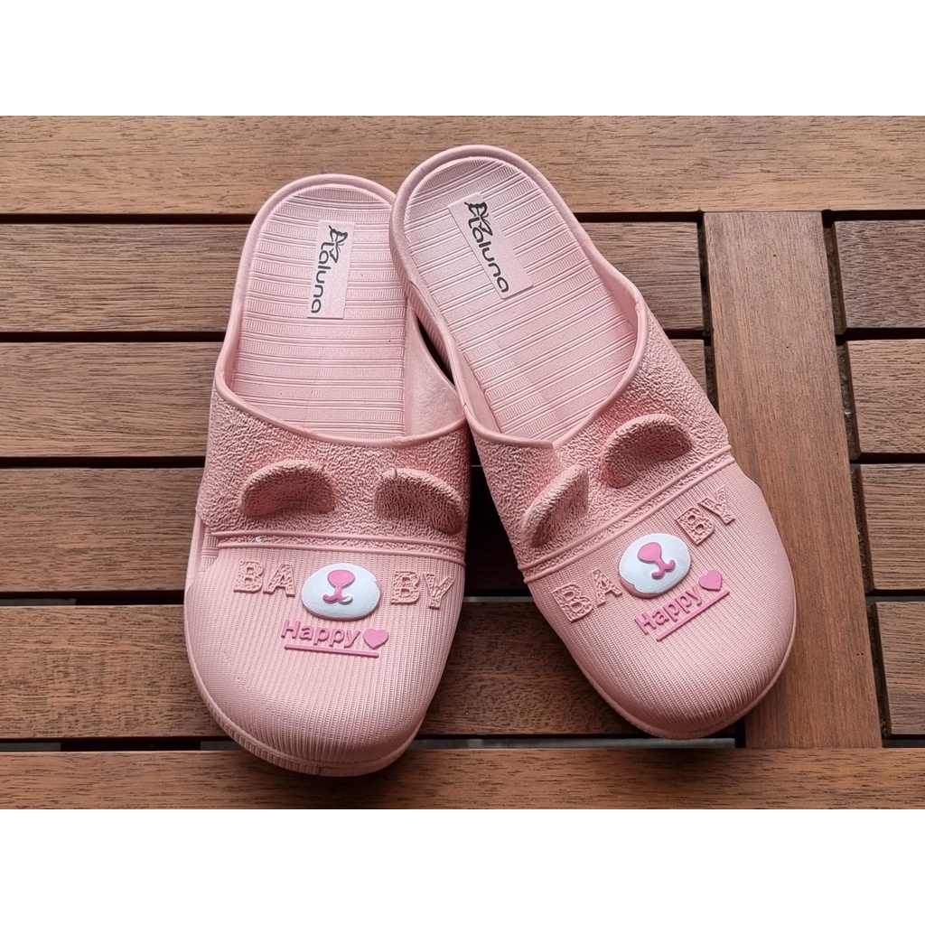 Sandal Selop Wanita LALUNA 1809 -1 Karet Import motif Bear dan telinga timbul cute