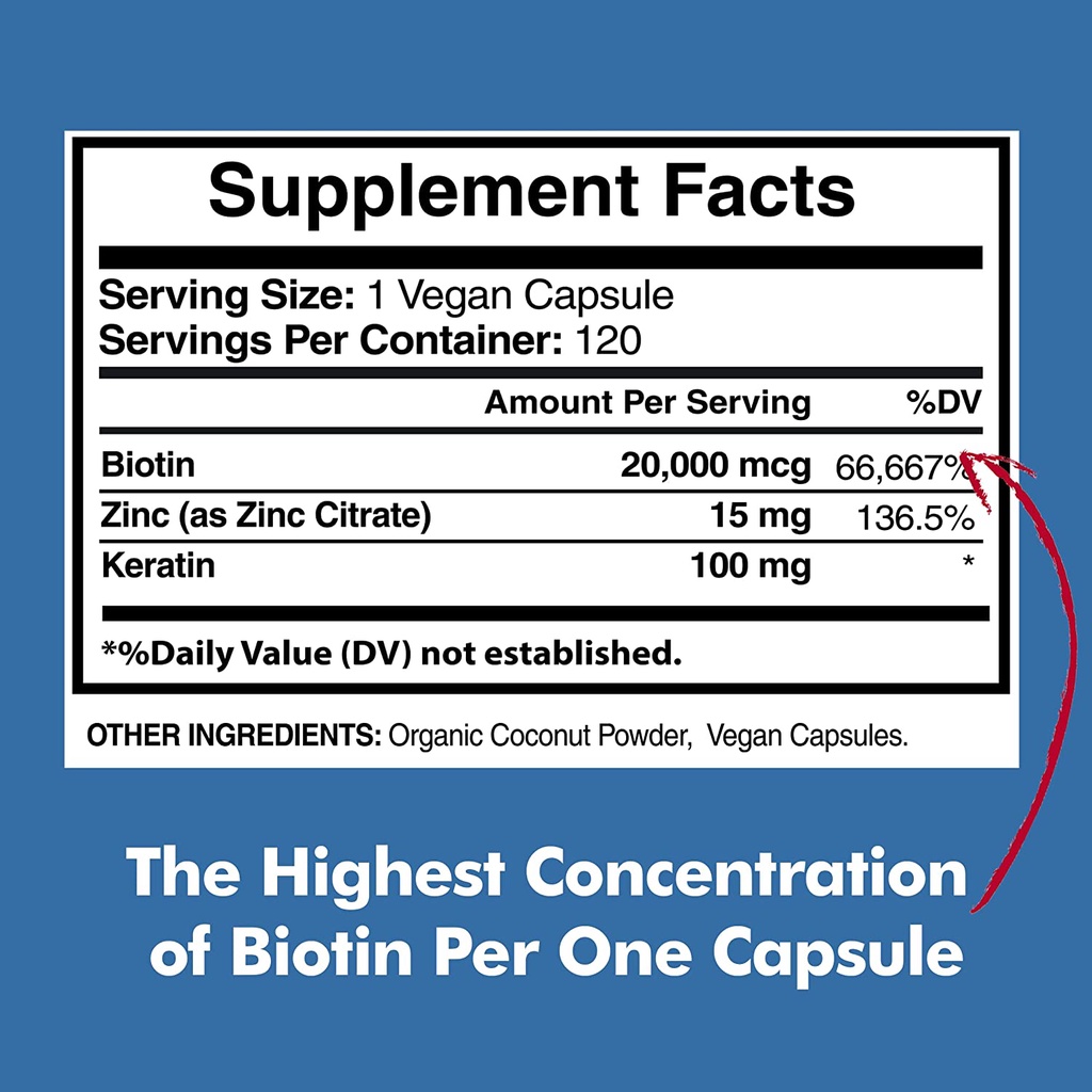 Biotin 20,000 mcg with Keratin Organic Coconut and Zinc American Standard Supplements Hair Skin Nails