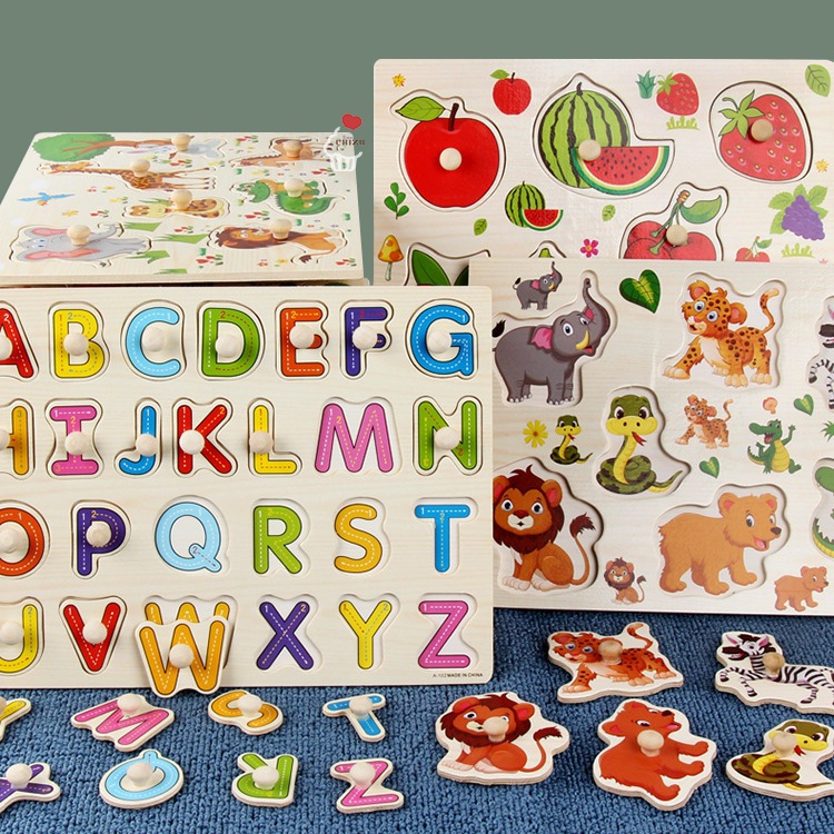 Knob Puzzle Board A | Wooden Puzzle Gagang Knop Kayu | Alphabet Alfabet Huruf Besar Kecil Uppercase Lowercase Letter ABC Angka Number Bentuk Geometri Shape Hewan Binatang Buah Sayur Sayuran Mainan Edukatif Edukasi Anak Balita Kenop Handle Peg Grip Pegged