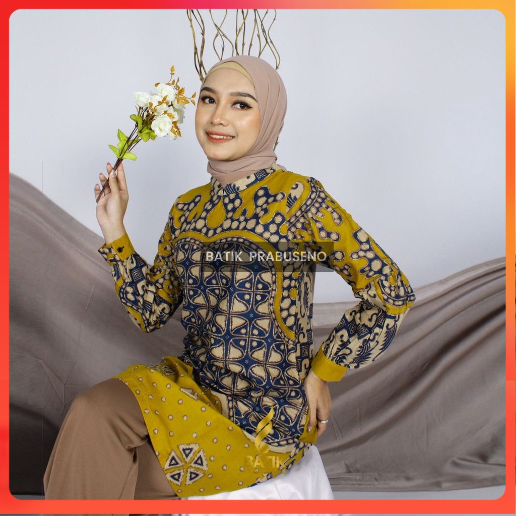 VERONICA KUNING Tunik Atasan Baju Batik Wanita Lengan Panjang Original Prabuseno Modern Premium Jumb