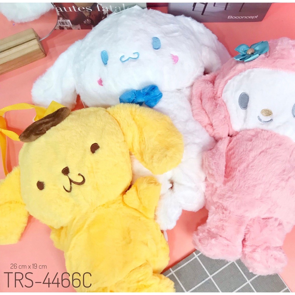 Tas ransel boneka Cinnamoroll melody pompom purin tas ransel lolita bulu kawaii import sanrio