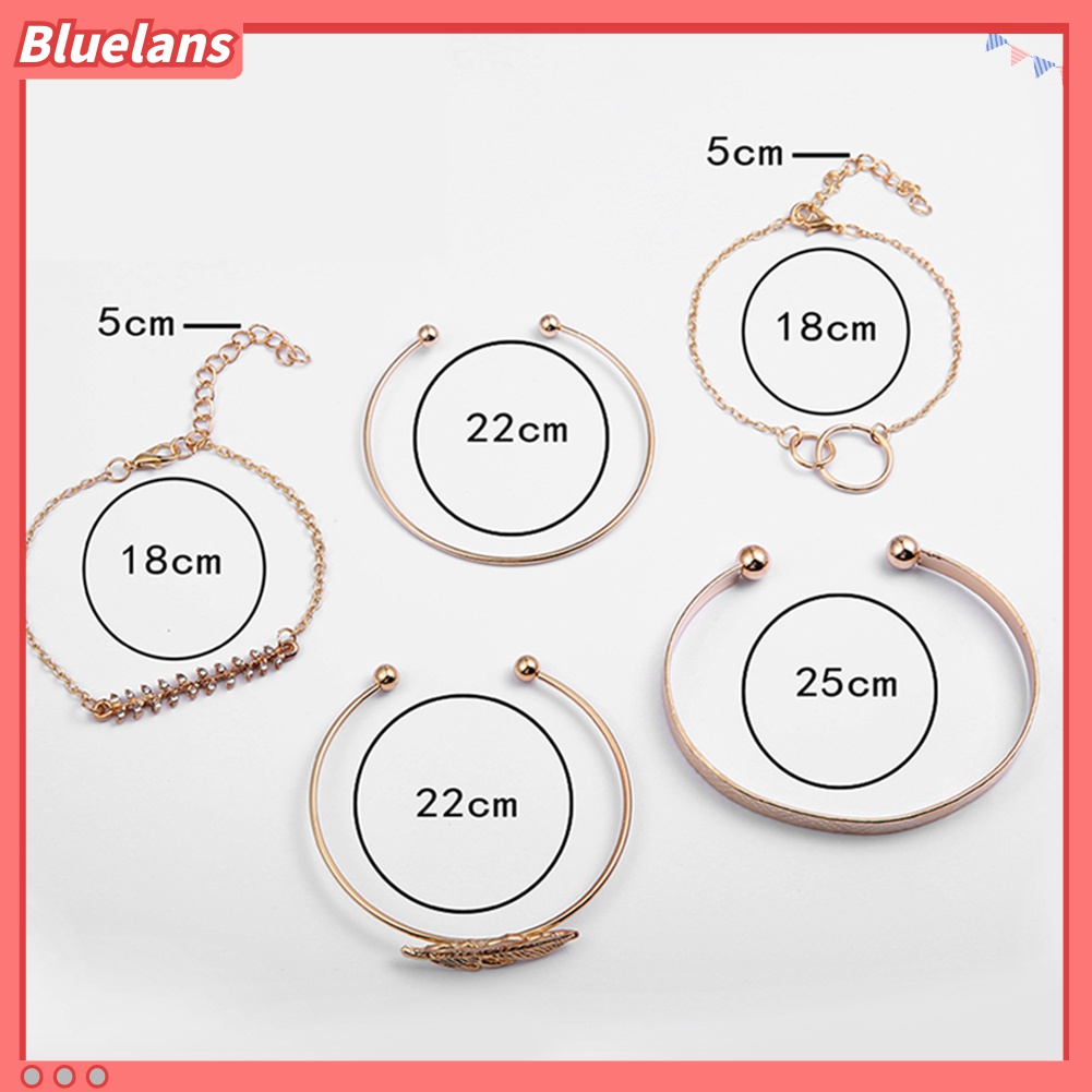 5pcs / Set Gelang Model Terbuka Desain Daun Aksen Berlian Imitasi Untuk Wanita