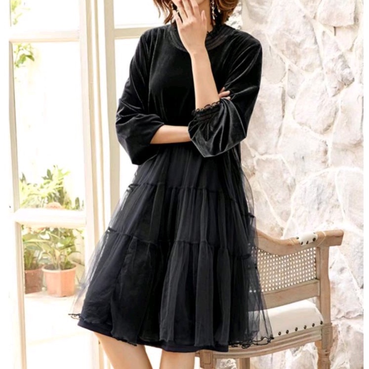 1914 Baju minidress mini LOOSE VELVET dress dres Korea Korean style hitam navy polos cewek import ba