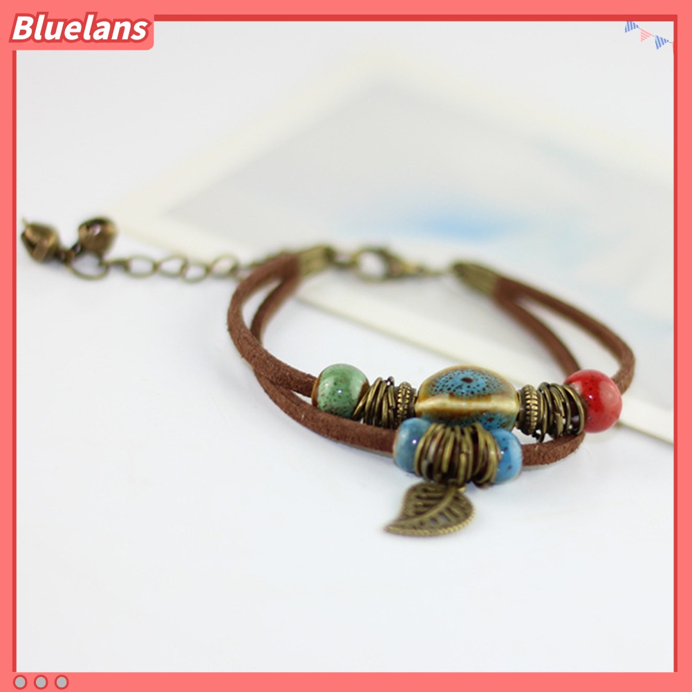 Gelang Tali Kulit Imitasi Lapisan Ganda Hias Manik-Manik Daun Keramik Gaya Bohemian Untuk Wanita
