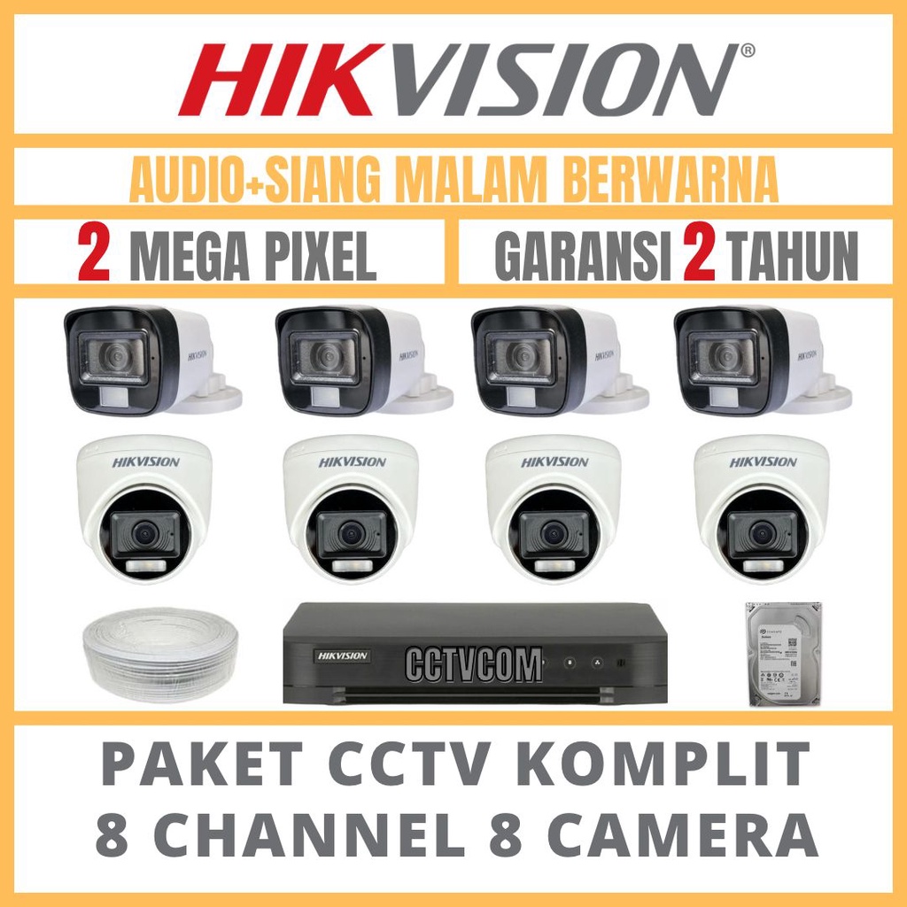 PAKET CCTV HIKVISION COLORVU 2MP 8 CHANNEL 8 CAMERA COLORFULL