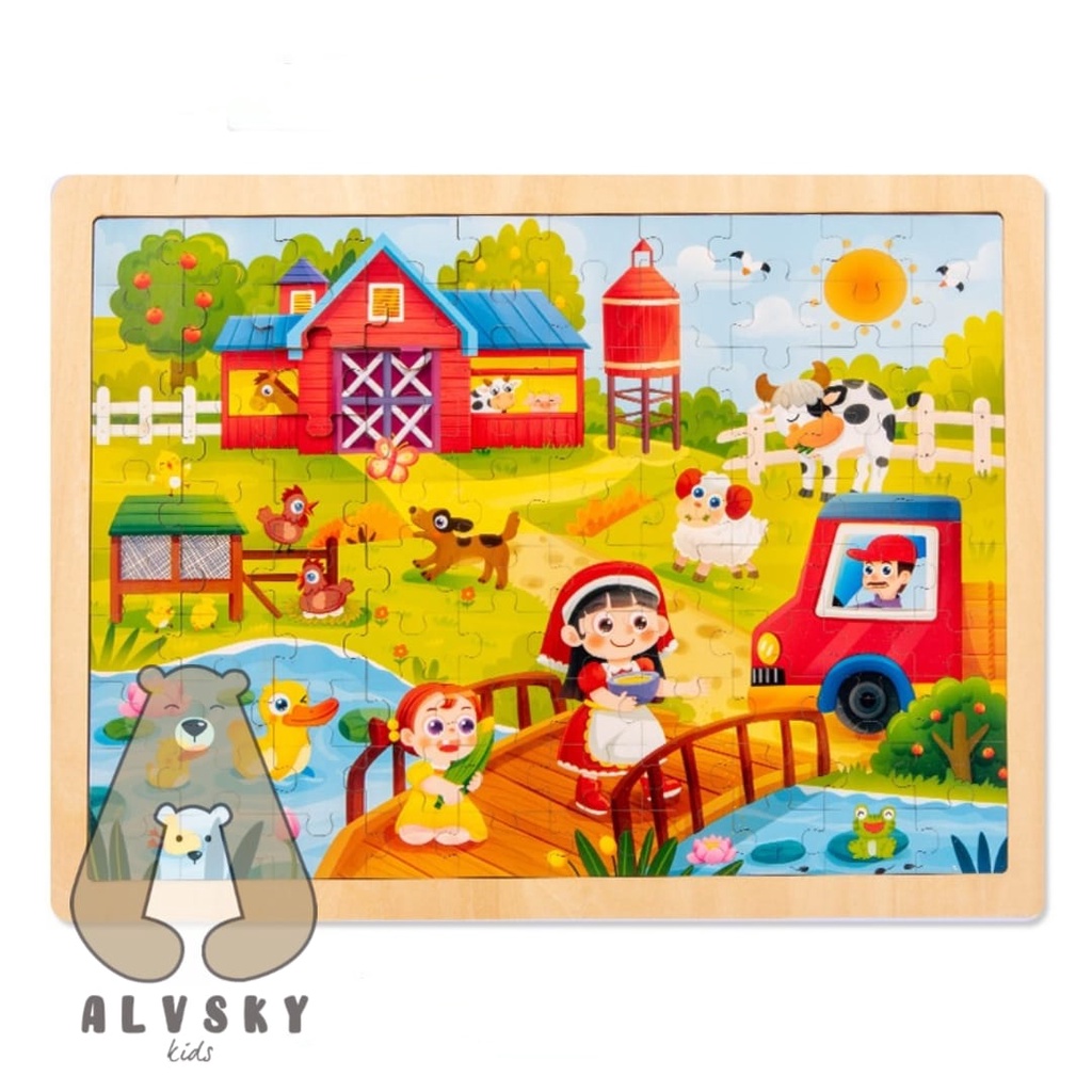PUZZLE KAYU ANAK 100 PCS / JIGSAW WOODEN PUZZLE 100 PCS DENGAN PAPAN GAMBAR LUCU