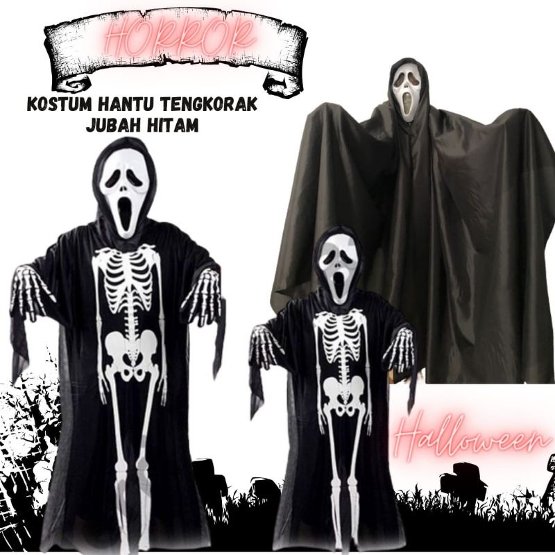 Kostum Halloween Jubah Hitam + Topeng Anak dan Dewasa | Kostum Halloween Tengkorak Horror