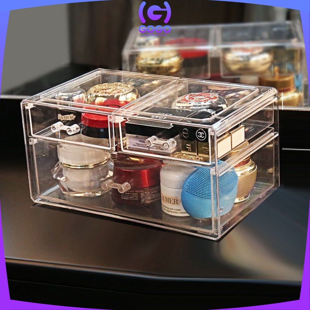 GOGO-K133 Rak Kosmetik Acrylic Transparan Dengan Penutup Anti Debu Storage Box / Tempat Penyimpanan Laci Rak Make Up Skincare Organizer Laci Multifungsi