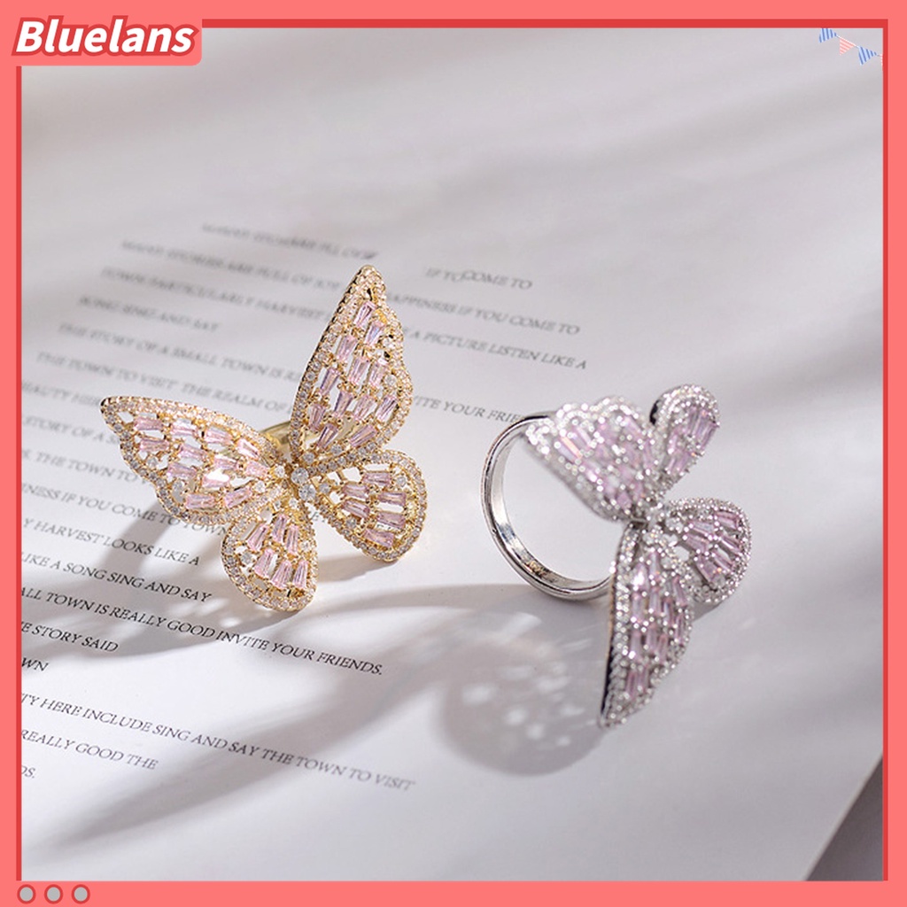 Cincin Model Terbuka Desain Kupu-Kupu Hollow Aksen Berlian Imitasi Untuk Wanita