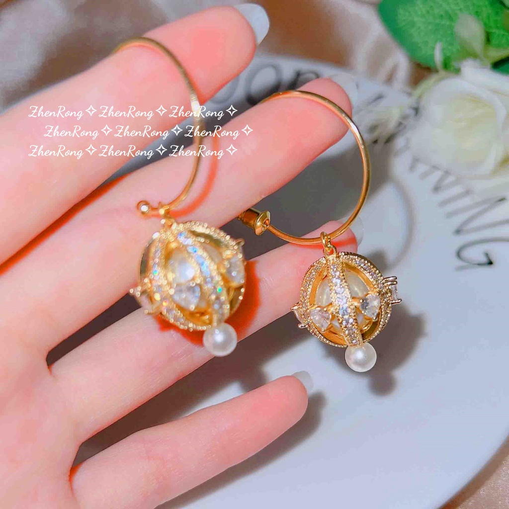 Goldkingdom Perhiasan Fashion Emas Asli Kadar 375 Bangkok Aksesoris Ready Stock French Fleksibel Rotary Full Diamond Kuping Cahaya Mewah Lentera Zirkon Anting Mutiara