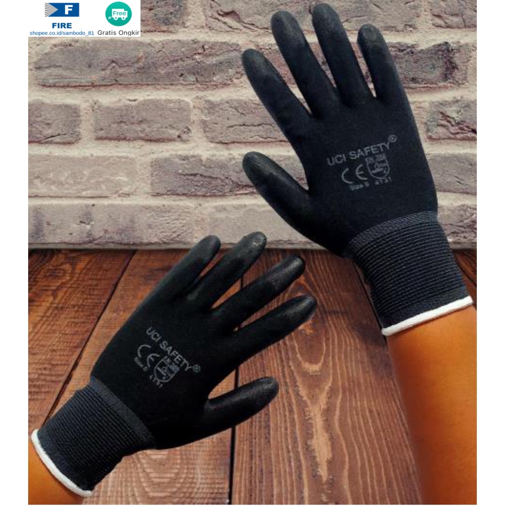 Sarung Tangan Dilapisi Karet Industri Pabrik Uci Safety Motor Bengkel otomotif Bagunan Coating Karet Pengaman kerja Packing PU Statis Multitask Karet Palm Fit Ukuran S,M, L, XL Proyek