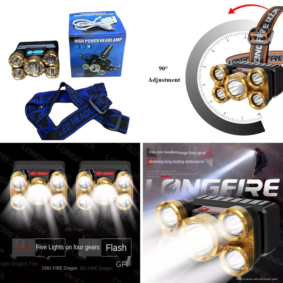 Senter Kepala 5 mata Headlamp High Power 3*XPE 38000W Waterproof